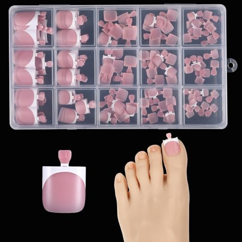 150PCS Pink Press on Toenails for Women, 15 Sizes French Tip Toe Nail Press Ons, Square French Tip Toe Nails, for Personal/Nails Salons