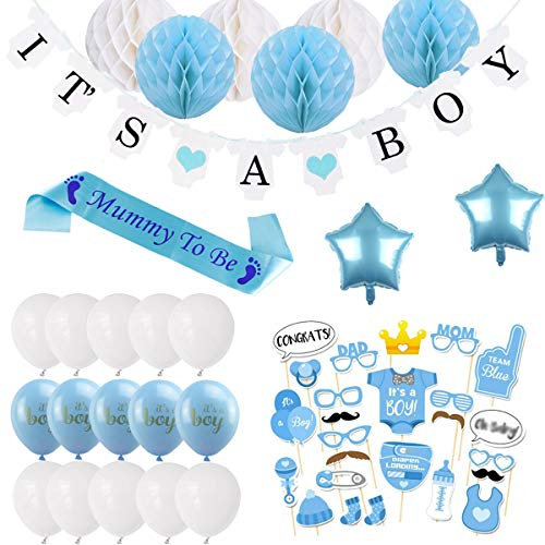 Juego de decoración para baby shower para niño, decoración para fiesta de baby shower, guirnalda It's A Boy, 6 bolas de panal de abeja, fajín de momia, máscaras de accesorios para fotos