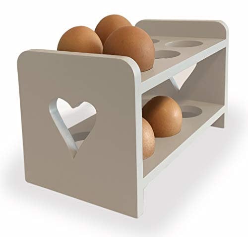 Dove Grey Wooden Egg Rack - 2-Layer Heart Cut Out Design, Country Kitchen Style, Scandinavian Inspired, Holds 12 Eggs. Egg storage.