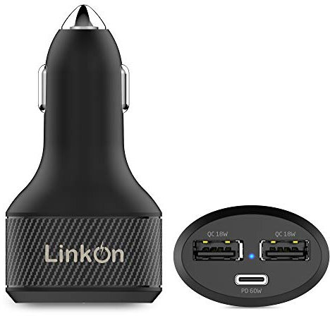 LinkOn 84W Cargador De Auto USB C con Puertos 60W PD3.0 Y 18W QC3.0 Compatible con MacBook DELL HP ASUS Acer Xiaomi Samsung Huawei iPhone iPad FCP SCP Apple