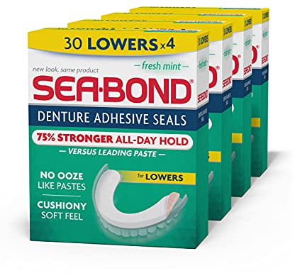 Sea-Bond Sigilli adesivi per protesi protettive, basse alla menta fresca, senza zinco, tenuta tutto il giorno, senza disordine, 30 pezzi (confezione da 4)