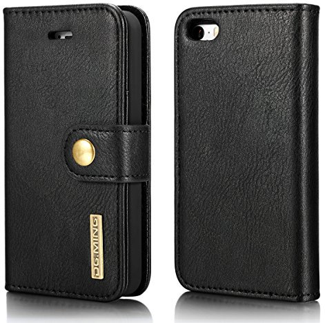 ZORSOME DG.MING for iPhone SE 2020 Genuine Leather Wallet Case, Detachable 2 in 1 Split Leather Wallet Phone Cover,Magnetic Pouch Shell Black