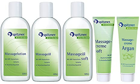 Spitzner Classic Massage Testset, 5-teilig Massageöl “Classic“ 200 ml+Massageöl “Soft“ 200 ml+Massagelotion „Classic“ 200 ml+Massagecreme: “Soft“ und “Argan“ je 50 ml