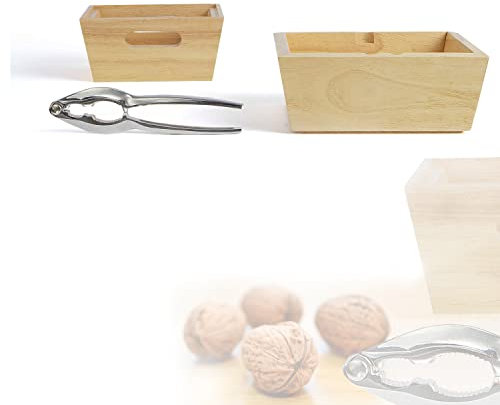 Livoo feel good moments Nussknacker Set Edelstahl - Nussschale aus Holz Eckig - Doppel Holzschale 2 Nussschalen - Snackschale Nüsse - Nuss Knacker Walnussknacker mit Box - Holzschalen Set