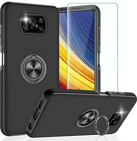 Eingebetteter Ständer für Xiaomi Poco X3 Pro Hülle, (Unzerstörbare Militärische Stoßfestigkeit) Kratzfeste Handyhülle Harte PC Matte Back und TPU Bumper Case Hülle für Poco X3 Pro/Poco X3 NFC Schwarz