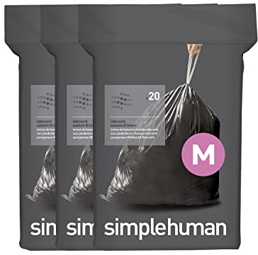 simplehuman CW0554 code M Odorsorb Custom Fit Odour Absorbing Bin Liner Bulk Pack, Black Plastic (3 Pack of 20, Total 60 Liners)