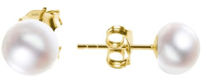 925 Sterlingsilber Ohrstecker mit weißen Süßwasser-Zuchtperlen | Perlenohrringe für Damen mit Stecker | Ohrringe mit Perlen in Silber, Gold und Rosegold klein & groß (8mm, Gold)