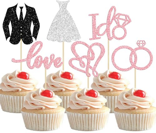 Gyufise 24Pcs Wedding Cupcake Toppers Glitter Groom and Bride Cupcake Picks Love I Do Ring Heart Cake Decorations for Bridal Shower Wedding Engagement Party Cake Decorations Supplies