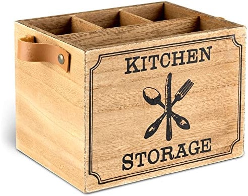 Novaliv Utensilienhalter Küche mit 4 Fächern und Ledergriffen/hochwertiger Besteckkorb Holz 17 x 12,5 x 12,5cm / Besteckkasten für Küchenutensilien oder als Dekoration