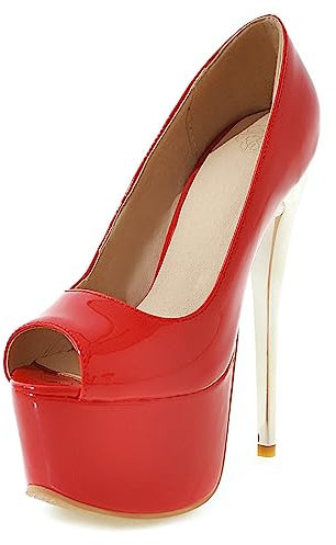 Bviennic Peep Toe Tacco A Spillo Donna Festa Plateau Scarpe Prom Prom Senza Chiusura Eleganti Sposa Vernice Pump Slingback Rosso Numero 34 EU