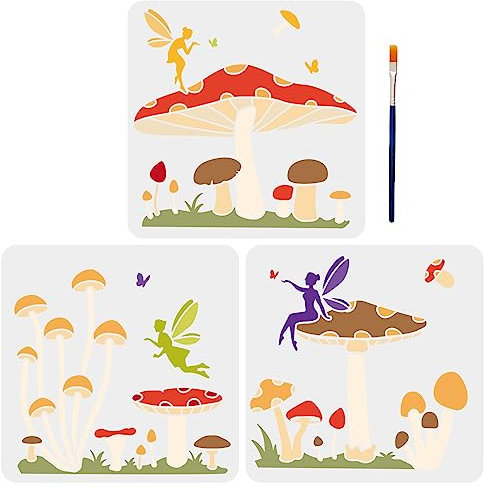 MAYJOYDIY 3pcs Mushroom Stencil Dreamy Mushroom Butterfly Fairy Painting Template 30×30cm with Paint Brush for Painting on Wood Wall Home Decor
