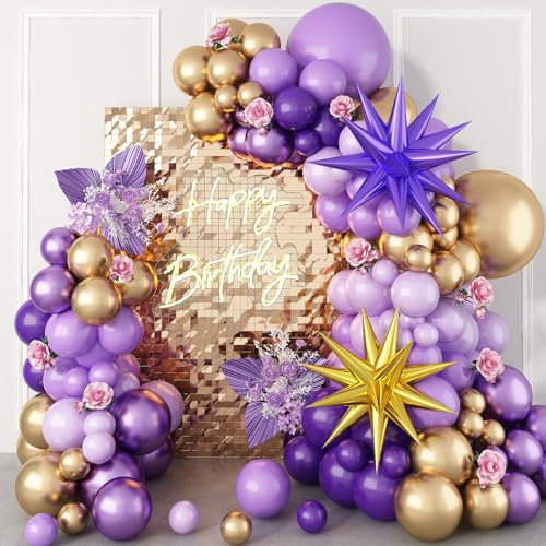 Kit per Arco di Palloncini Viola, Scuro Lavanda Chiaro Pastello Oro Metallizzato e Lamina a Stella Esplosiva - Decorazioni per Feste di Compleanno di Donne