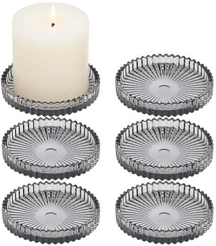 HofferRuffer Glass Pillar Candle Holder,Candle Plate Candle Holders for Pillar Candles, Christmas Halloween Table Centrepiece Home Decor Party Wedding Decorations,Gray 6pcs