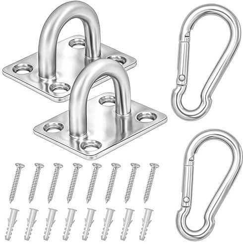 Winter Shore Ganchos Cuadrados de Acero Inoxidable con Mosquetón M8 [Pack de 2] - Gancho Techo Resistente para Uso en Interiores y Exteriores - Ganchos para Colgar con 8 Tacos de Pared y 8 Tornillos
