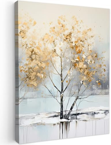 MuchoWow© Wandbilder 50x70 cm Wohnzimmer Wanddeko Schlafzimmer Zimmerdeko Fotowand Zimmer Deko auf Wand Dekoration Wall Art Baum - Herbst - Gold - Winter