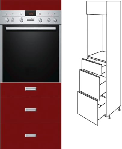 Premium-Ambiente QCF58 Hochschrank 3-Schubladen Herd/Micro TANDEMBOX ANTARO 154cm hoch Vollauszug Softclosing eingelassener Griff EURODEKOR® (Breite 60cm, 58 Burgund)