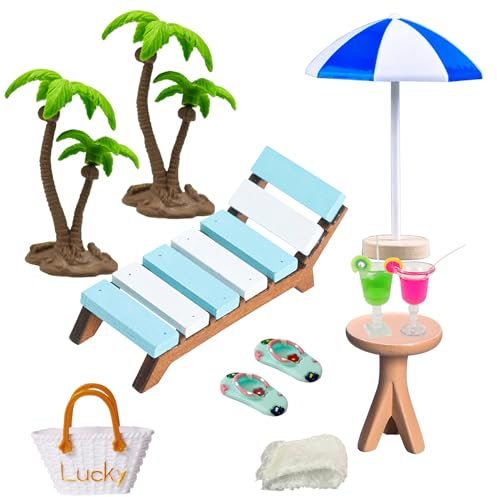 Golgner 18 Pcs Miniatur Deko Sauna Zubehör, Strand Mikrolandschaft, Strand Deko Miniatur Set, mit Mini Strandkorb Korb Hausschuhe Badetuch Kokosnussbaum, für DIY Puppenhaus Dekoration, Geschenkidee