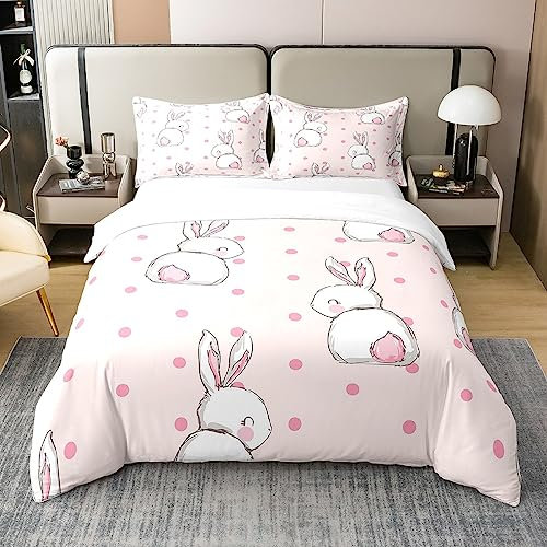 Homemissing Lapin 100% Coton Housse de Couette 220x240cm Dessin animé Lapin imprimé Parure de lit Coton Ensemble Housse de Couette Voiture Mignon Animaux de Compagnie Rose Wildlife Literie Set