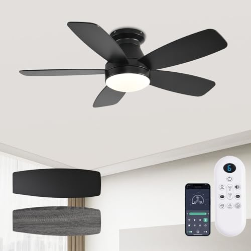 JSAITEE Ventilador de techo con luces, ventilador de techo bajo de 42 pulgadas con luz y control remoto/aplicación, montaje empotrado, reversible, 3CCT, ventilador silencioso regulable
