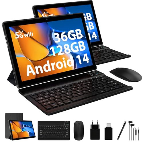 FORUSER Tablet Android 14 da 10 pollici, 36 GB RAM, 128 GB ROM (TF 1TB) 1280 x 800 IPS 8000 mAh, BT5.0, 5G WiFi 6, con tastiera, mouse, sicurezza, cuffie, stile, colore nero