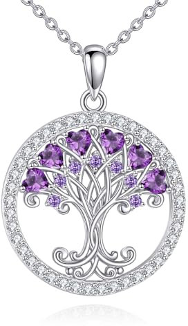 Tree of Life Birthstone Necklace for Women 925 Sterling Silver Tree of Life Jewelry Amethyst Pendant February Birthstone Gemstone Anniversary Birthday Christmas Gifts for Mother Wife Sister Her