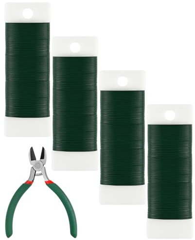 4er-Pack 122 Yards Blumendraht 22 Gauge-Draht mit Drahtschneider, PLULON grüner Blumendraht Kranzdraht flexibler Bastelpaddeldraht zum Herstellen von Kränzen und Blumenarrangements