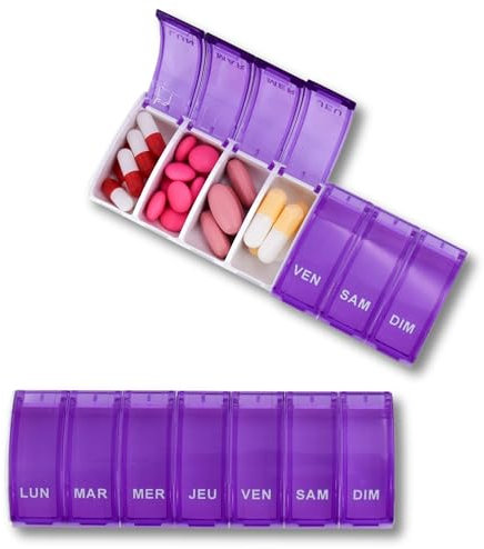 MEDIPILL - Pilulier Semainier Français | Pilulier 7 jours - 7 Compartiments | Compact et Durable | Sans BPA | Violet | Une Pièce | MED-S7S-V