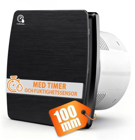 100mm Silent Bathroom Extractor Fan with Humidistat and Timer Overrun Delay | 4'' Bathroom Fan with Backflow Flap, 95m³/h | 12 Watt | 34dB - Black