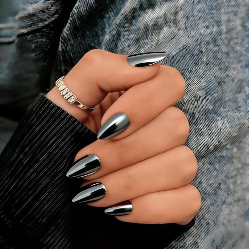 KQueenest Press On Nails Kurz Almond - Chrome Schwarz Künstliche Nägel zum Aufkleben Kurz, 30 Stück 15 Größen Metallic Fake Nails Press ons, Wiederverwendbar Dick Sparkle Acryl Nägel für Damen