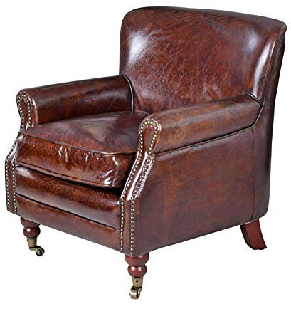 Exklusiver Englischer Clubsessel „Villa Hemingway“ dickes Echtleder (handgefärbt & veredelt) – Massiver Holzrahmen auf Rollen – Authentischer Vintage-Look – Art Deco Klassiker der goldenen 20er Jahre