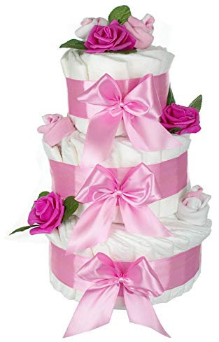 XXL Windeltorte rosa für Mädchen ROSENBLÜTE / 63-teilig/Geschenk zur Geburt, Babyparty & Babyshower / 45cm