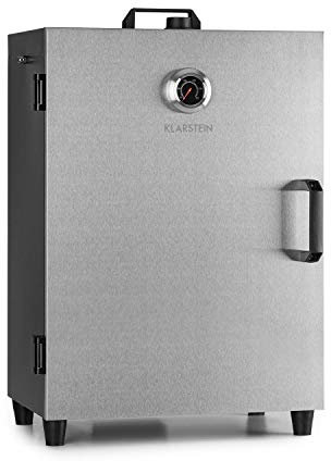 Klarstein Flintstone Steel Smoker - Smoker, Smoking Oven, 1600 Watts, Adjustable Thermostat, Integrated Thermometer, 3 Smokers, Steel Door, Magnetic Lock, Vent, Stainless Steel, Silver