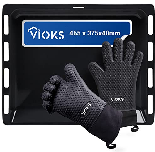 VIOKS Bandeja de horno de repuesto para Bosch Siemens 00434178 chapa de 465 x 375 mm con 2 guantes de silicona para horno Balay Pitsos 3HB526 3HB529 HB10AB220