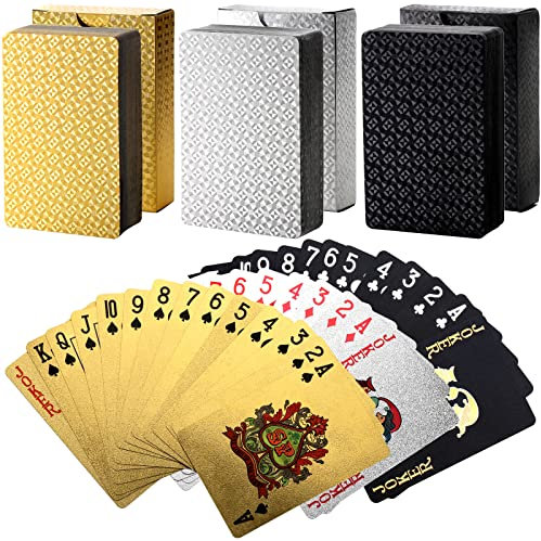Suwimut 6 Decks Spielkarten, Kunststoff wasserdichte Pokerkarten,Pokerspiel Tools Kartenspiele für Erwachsene Familien Kartenspiel Party(2 Gold, 2 Silber, 2 Schwarz)