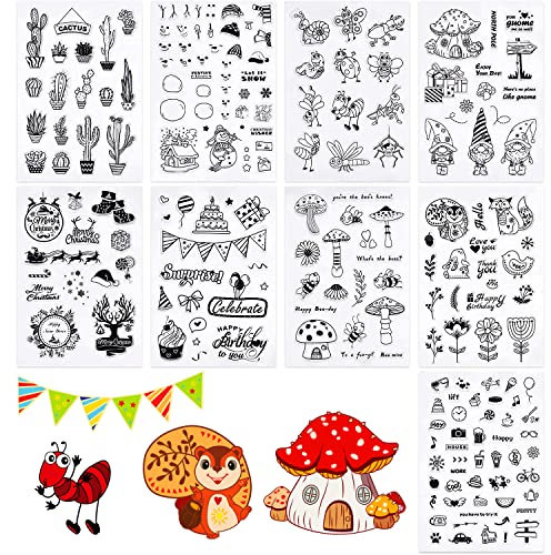 GLOBLELAND 9 Blatt Weihnachtsgeburtstag Insekt Pilz Zwerg Kaktus Winter Verkehr Leben Geburtstagsfeier Serie transparente Silikonsiegel für Grußkarte Dekoration und DIY Sammelalbum