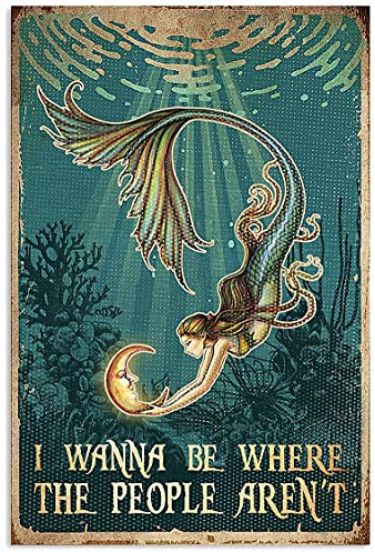 TNND Mermaid I Wanna Be Where The People Aren'T Metal Sign Bathroom Decor Vintage Mural 8X12 inches