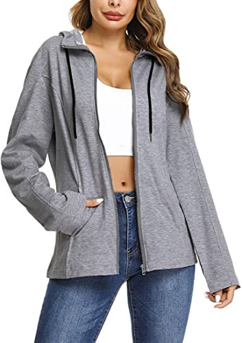 Aottori Felpa Donna con Cappuccio e Zip Giacca Sportiva Leggero Hoodie Cotone Manica Lunga Sweatshirt Aperto con Tasche e Cerniera Felpe Casual Classico Primavera Autunno Grigio Scuro M