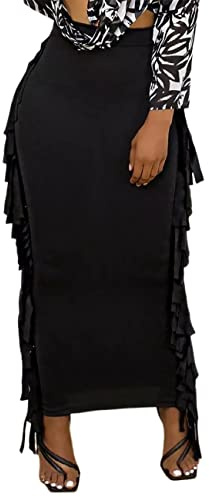 Lrady Women's High Waist Side Fringe Maxi Pencil Skirt, Black, L
