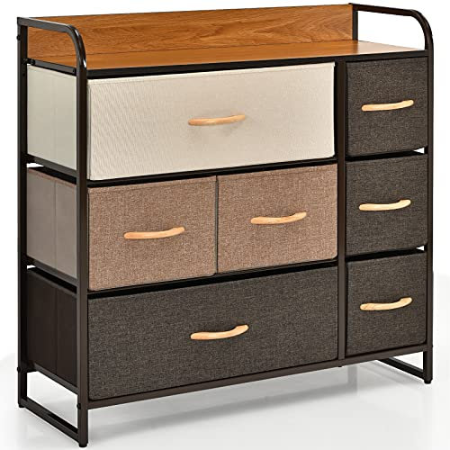 COSTWAY Kommode mit Stoffschubladen, Aufbewahrungsschrank mit Metallrahmen & Holzoberfläche, Stoffschrank Schubladenschrank für Flur Wohnzimmer, 80 x 29 x 79cm (7 Schubladen)