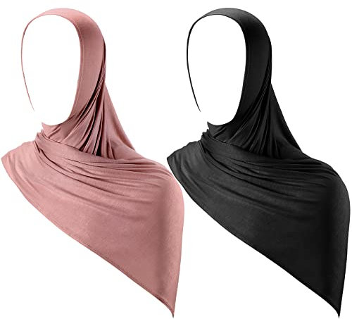 2 Stück Instant Hijab Jersey Hijab für Damen, muslimisches Kopftuch, leicht, lang, weich, Stretch, einfarbig, Schal, Schwarz/Rosa, One size