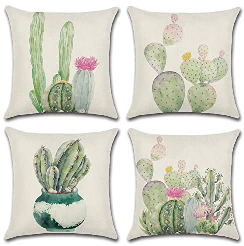 OCEUMACO Leinen Kissenbezug 40x40 Kaktus Kissenhülle 4er Set Quadratisch Sofakissen Dekokissen Bezug für Couch Sofa Pflanzen Muster Kissen Kissenbezüge Outdoor Deko Zierkissen Couchkissen - Grün