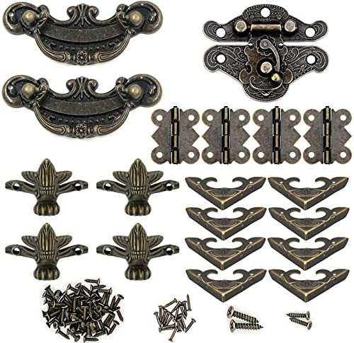 1 Set Retro dekorative Box-Hardware Antike Dekorative Haken Haspe, 1 Schlösser, 4 Butterfly-Scharniere und 8 dekorative Box-Ecken, 4 Dekorativer Ecke Fuß Standfüße, 2 schubladengriffe