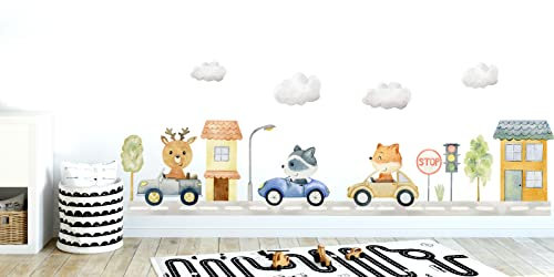 WONDER MURALS Wandtattoo Kinderzimmer Deko Mädchen Junge Wandaufkleber Waldtiere Tiere Wandsticker Kinder Wanddeko Babyzimmer Fuchs Hirsch Auto Fahrzeuge