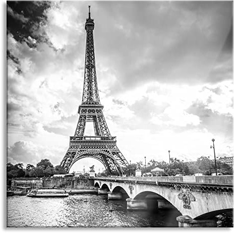 Pixxprint Glasbild, Wandbild auf Echtglas, Eiffelturm in Paris Kunst B&W, 50x50 cm, inkl. Aufhängung und Abstandshalter