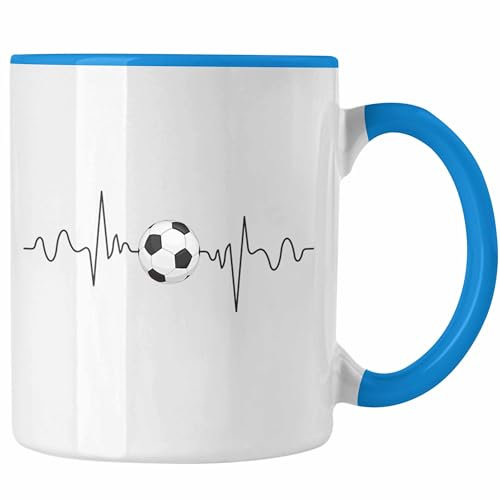 Trendation - Fußballer Herzschlag Tasse Geschenk für Fußballspieler Geschenkidee Kaffee-Becher (Blau)