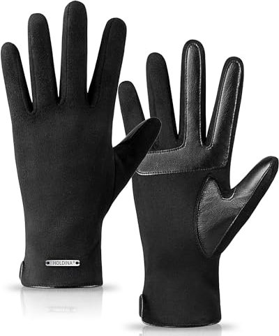 HOLDINA Handschuhe Damen Winter Warm, Handschuhe Damen Touchscreen mit Rutschfestem Leder, Damen Handschuhe mit Fleece Gefüttert (Schwarz-M)