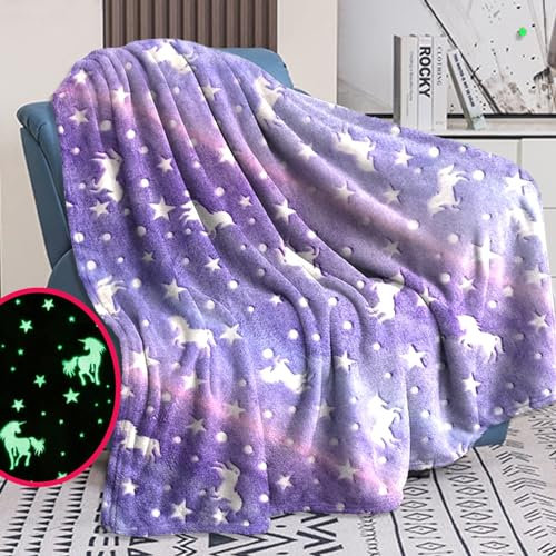 Bibykivn Einhorn Decke Kuscheldecke Kinder - Decke Leuchtet im Dunkeln, Flauschig Kinderdecken, Sofadecke für 1-10 Jährige Mädchen und Jungen, Weiche Wohndecke für Geschenk (Lila, 120 x 150cm)