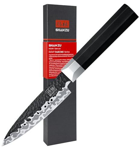 SHAN ZU Fruchtschälmesser 10cm, Japanischer 9Cr18MoV Kohlenstoffreicher Edelstahl, 7-Schicht Handgeschmiedetes Küchenmesser, Ultra-Scharfe, Ergonomischer G10 Griff