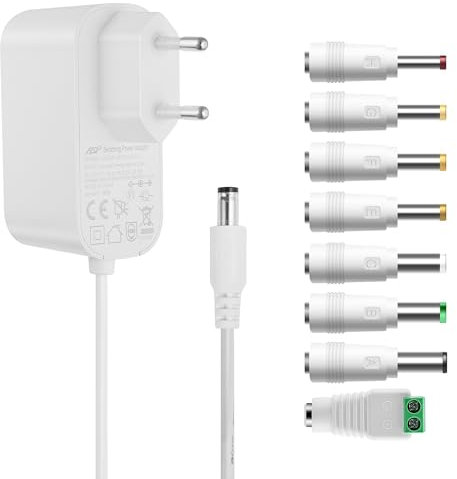 Tonton AC DC Adapter 12V 2A Netzteil Weiß, Extra 1,8 Meter Kabellänge, DC12V 500mA 1000mA 1500mA 2000mA Leistungstreiber 5,5mm mit 8 DC Steckeradaptern Wechselrichter Ladegerät Transformator Adapter