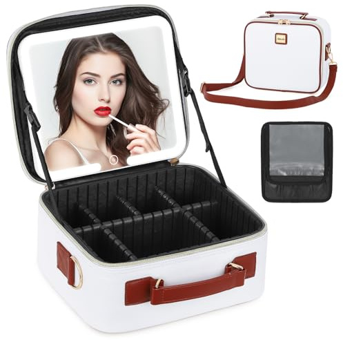 Aiborke Travel Makeup Bag with Led Mirror Make up Case with Lighted Mirror Cosmetic Organizer bag with Adjustable Dividers and 5X Magnifying Mirror Makeup Box Vanity Case for Women, White+Brown, 10.2